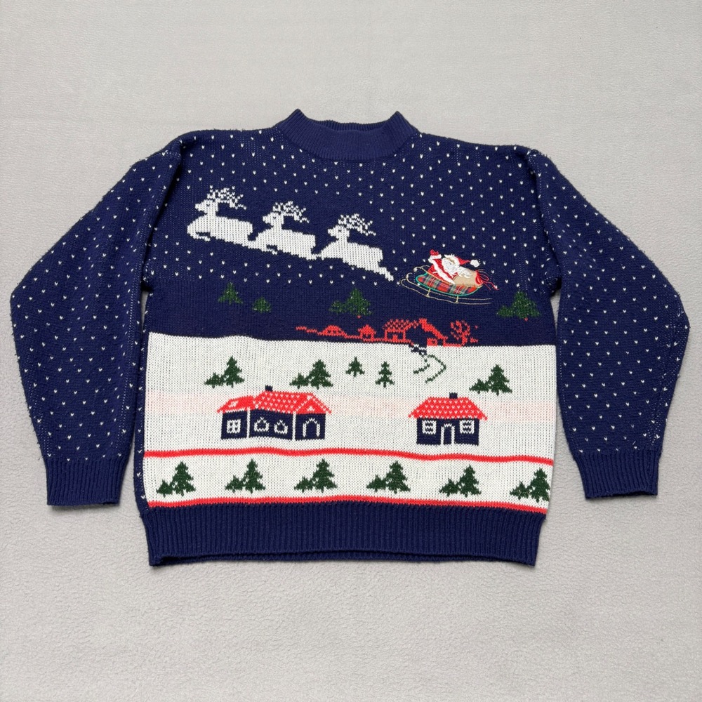 Easton Park Sweater Mens Medium Blue Christmas Santa Reindeer Birdseye Vintage